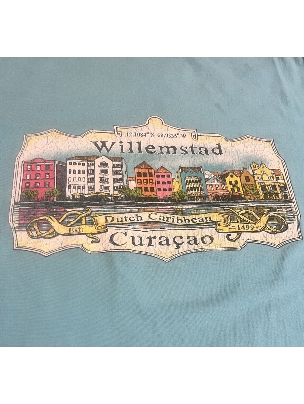 Willemstad Curacao Est 1499 Souvenir Graphic T-Shirt Teal Blue Men 2XL
